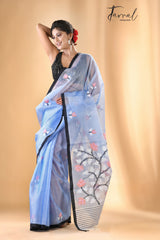 Light Sky Blue With Black Border Muslin Silk Handwoven Jamdani Saree