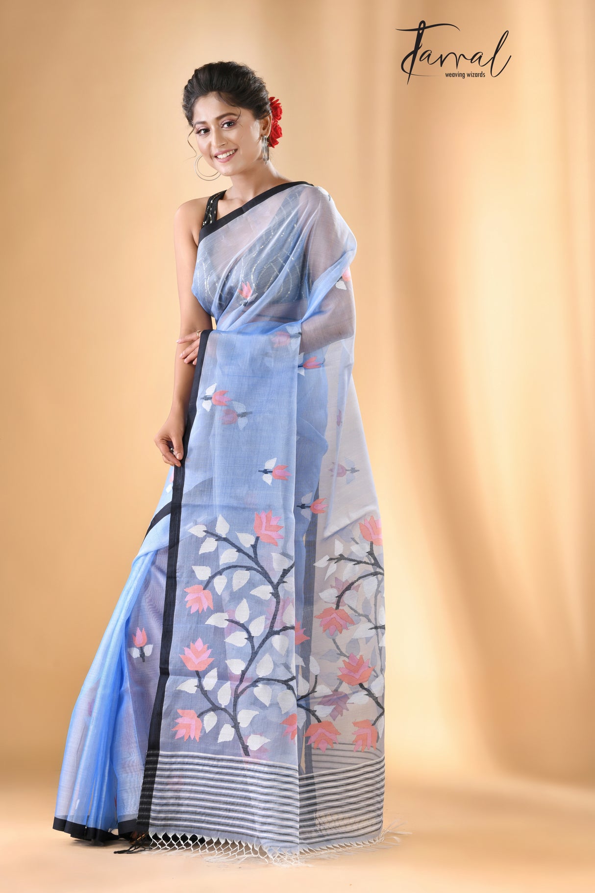 Light Sky Blue With Black Border Muslin Silk Handwoven Jamdani Saree