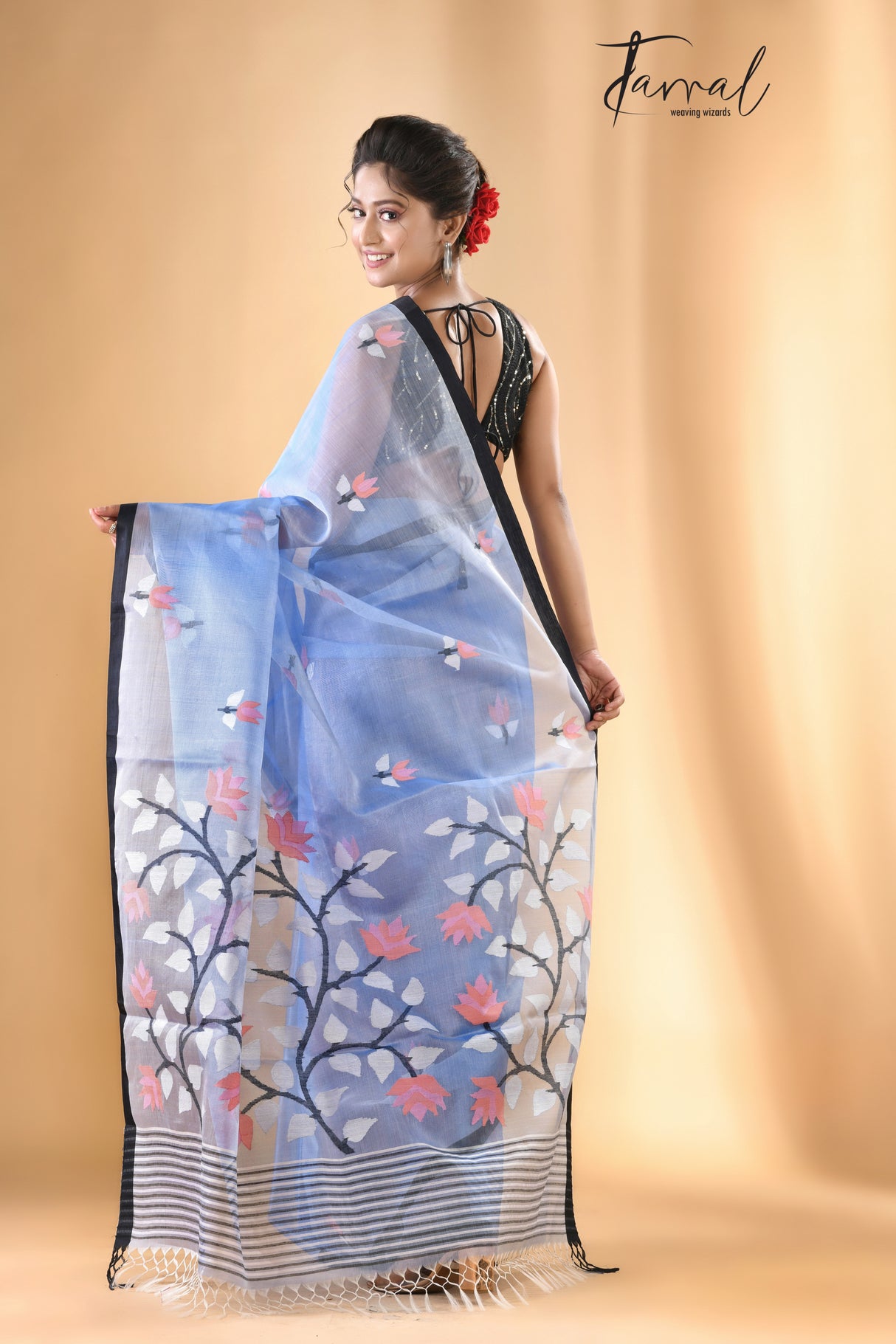 Light Sky Blue With Black Border Muslin Silk Handwoven Jamdani Saree