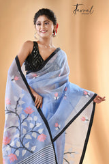 Light Sky Blue With Black Border Muslin Silk Handwoven Jamdani Saree