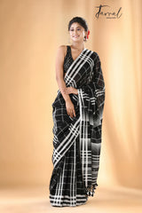 Black with white border checks bhujodi cotton handloom saree - Tamal Boutique