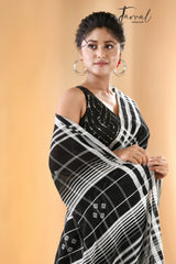 Black with white border checks bhujodi cotton handloom saree