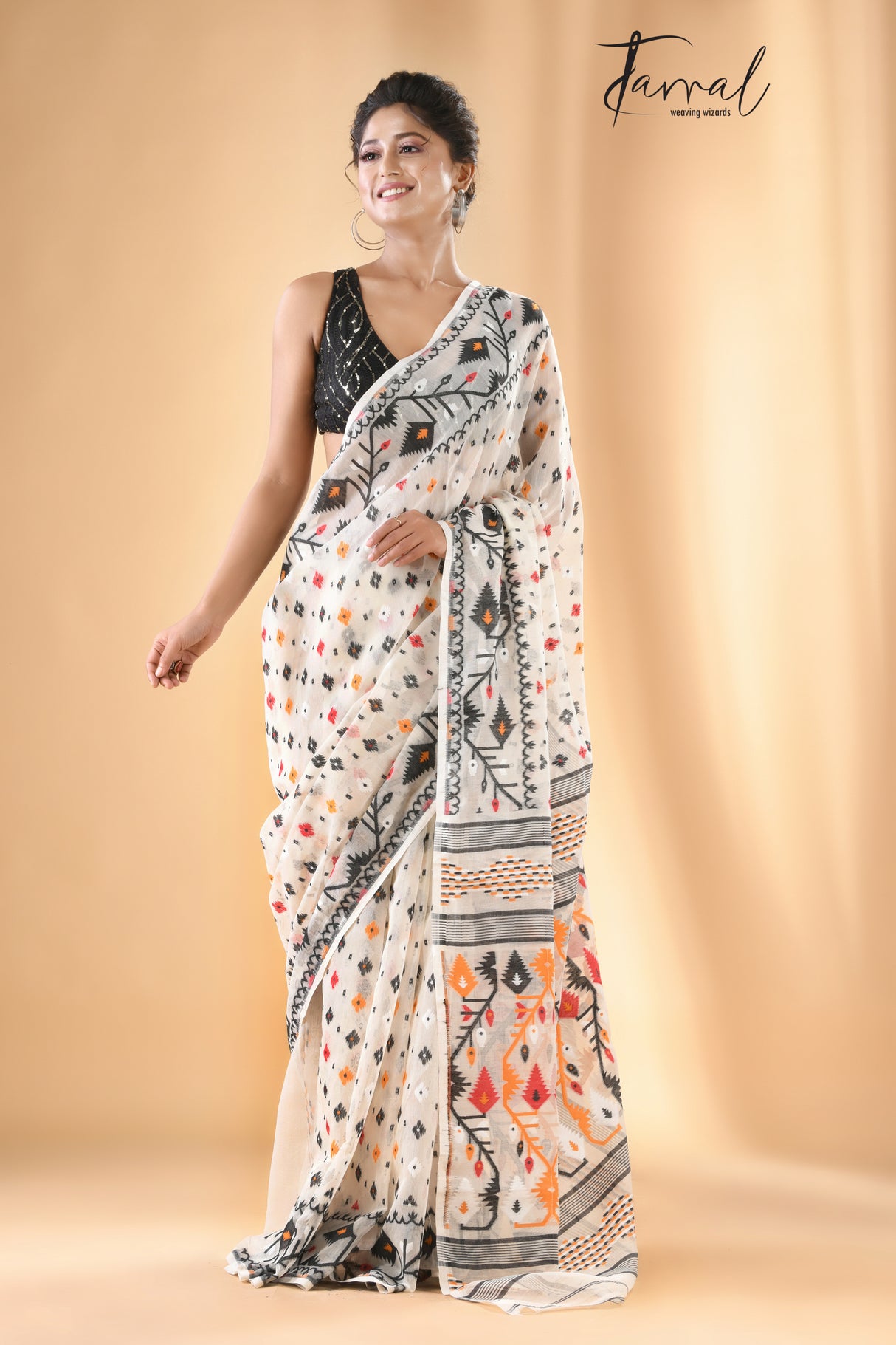Offwhite with black & other colour soft handloom dhakai jamdani saree with blouse piece