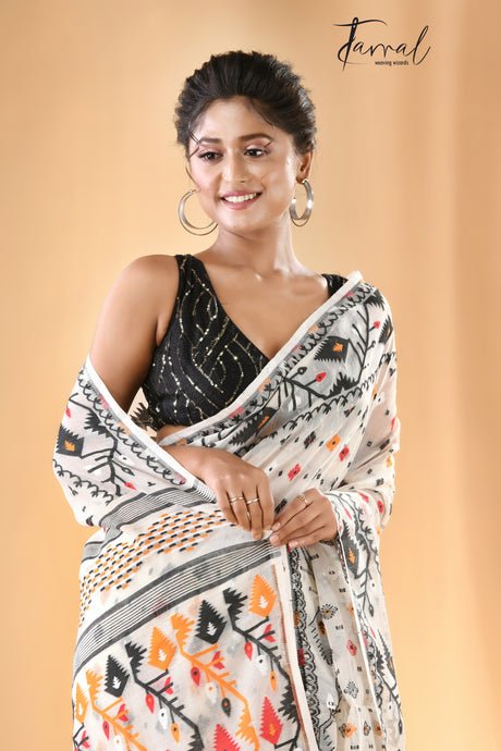 Offwhite with black & other colour soft handloom dhakai jamdani saree with blouse piece