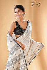 Offwhite with black border cotton handwoven jamdani saree