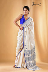 Offwhite With Blue Border Cotton Handwoven Jamdani Saree - Tamal Boutique