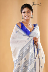 Offwhite With Blue Border Cotton Handwoven Jamdani Saree - Tamal Boutique