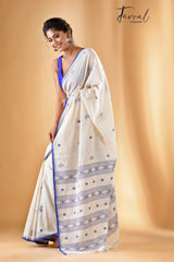 Offwhite with blue border cotton diamond pallu handwoven jamdani saree