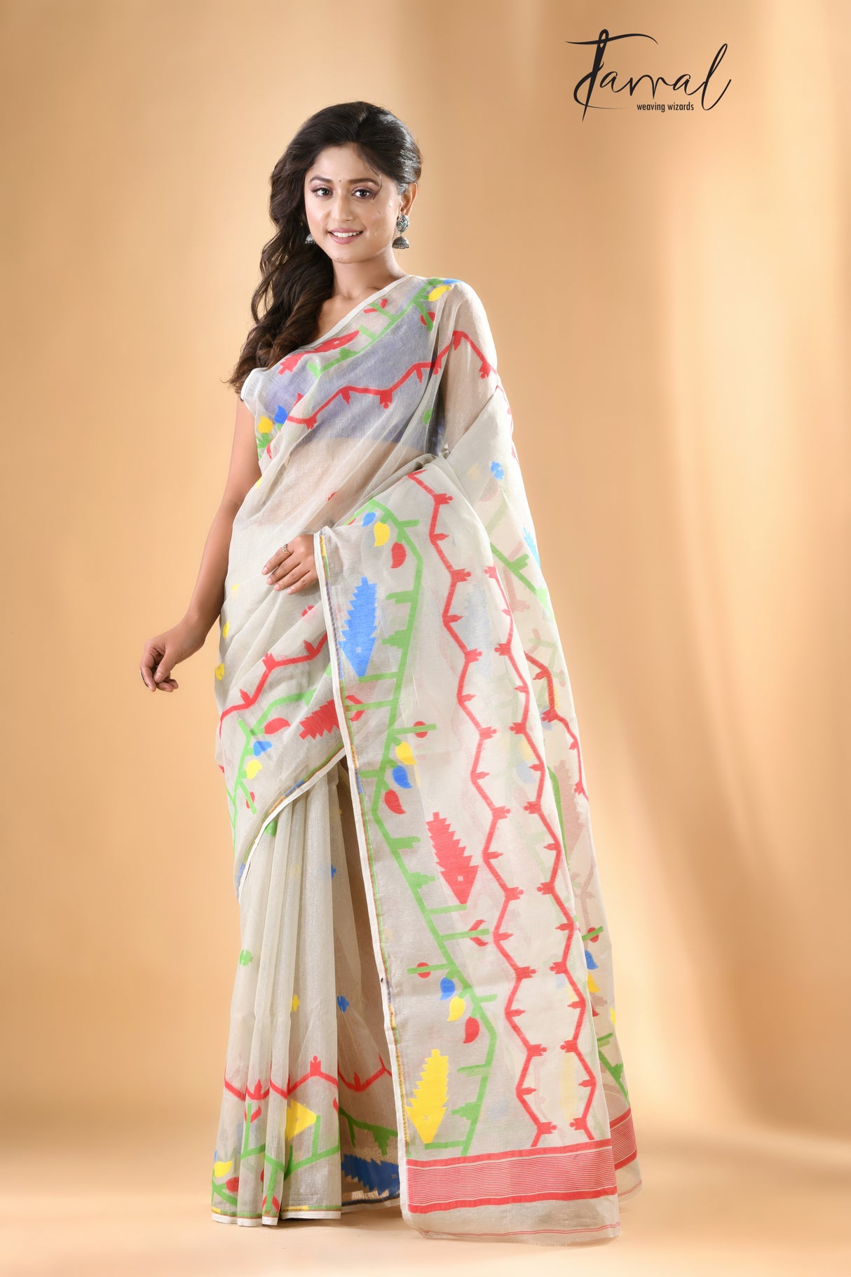 Light Ash with multi colour soft dhakai jamdani handloom saree