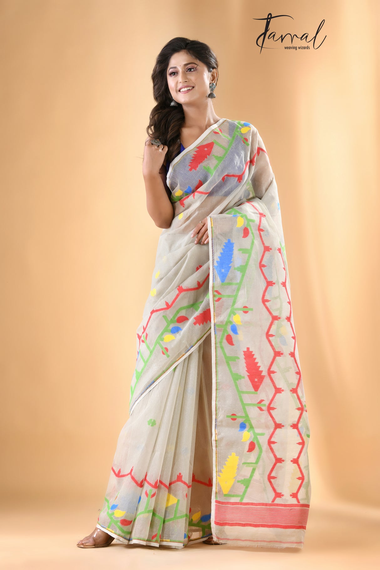 Light Ash with multi colour soft dhakai jamdani handloom saree