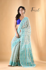 Ash with firoza handloom soft dhakai jamdani saree