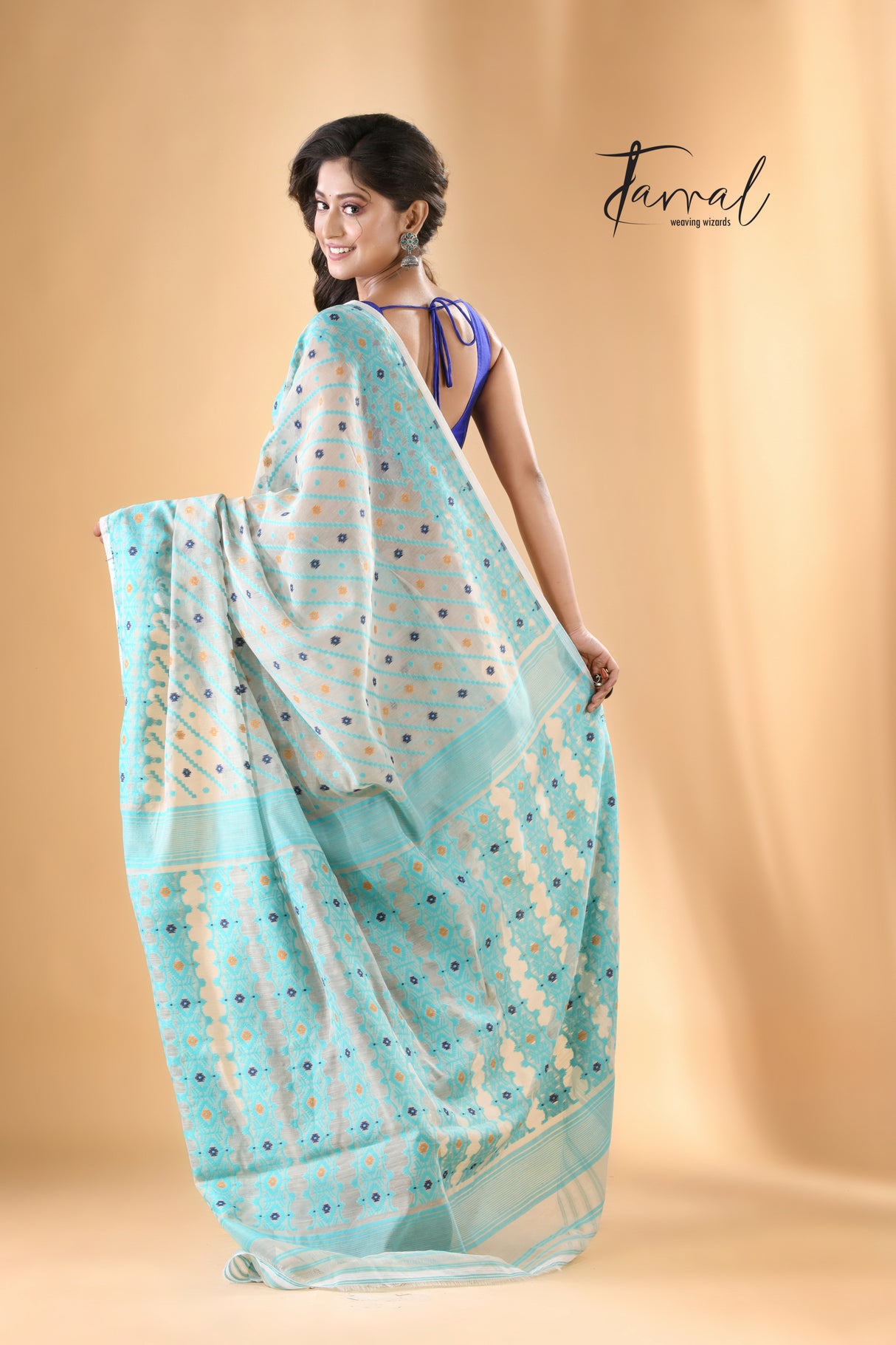 Ash with firoza handloom soft dhakai jamdani saree