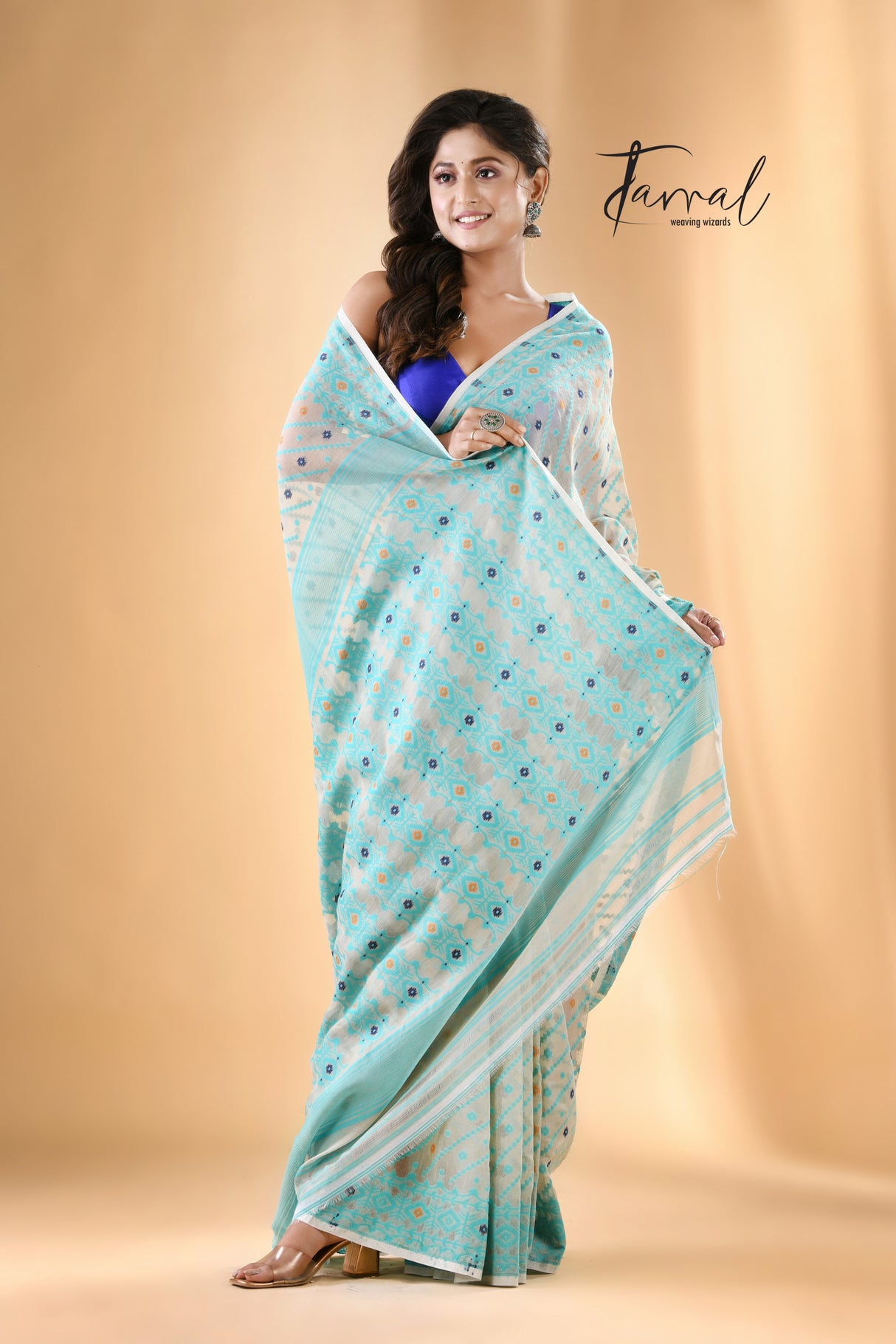Ash with firoza handloom soft dhakai jamdani saree