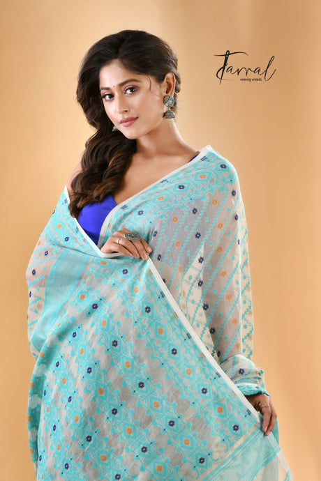 Ash with firoza handloom soft dhakai jamdani saree