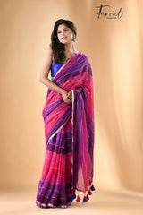 Rani & Purple with Zari border Mul cotton saree