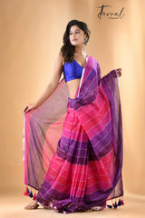 Rani & Purple with Zari border Mul cotton saree