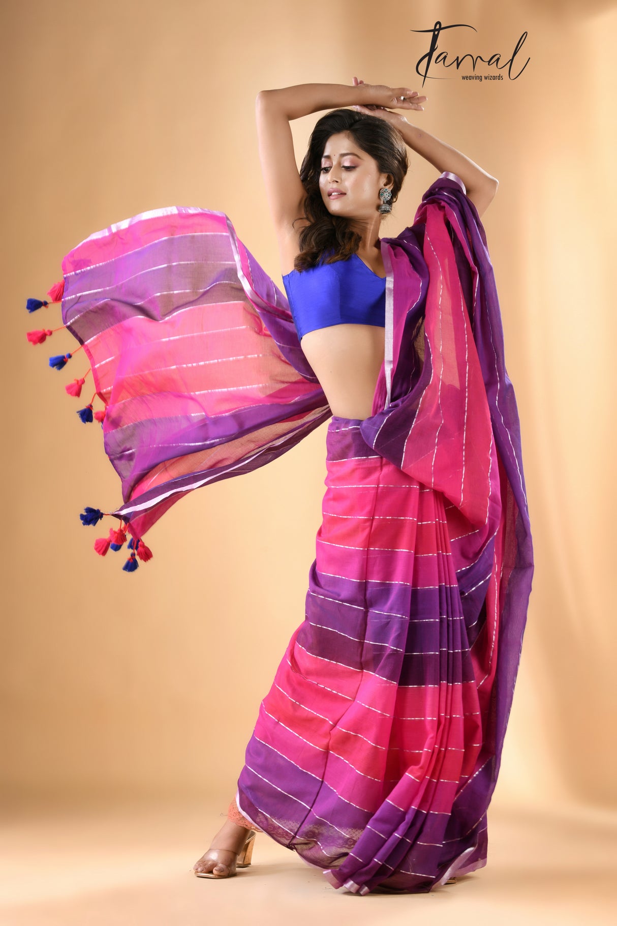 Rani & Purple with Zari border Mul cotton saree