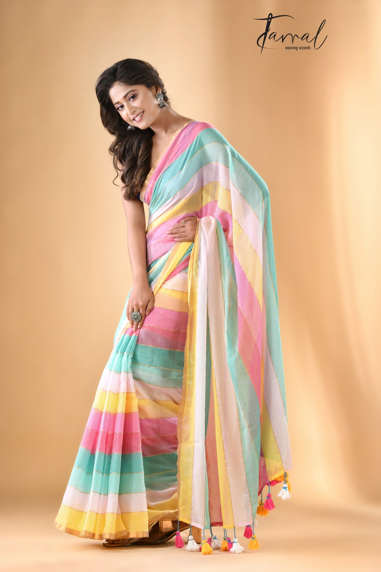 Multicolor With Zari border Mul cotton Saree