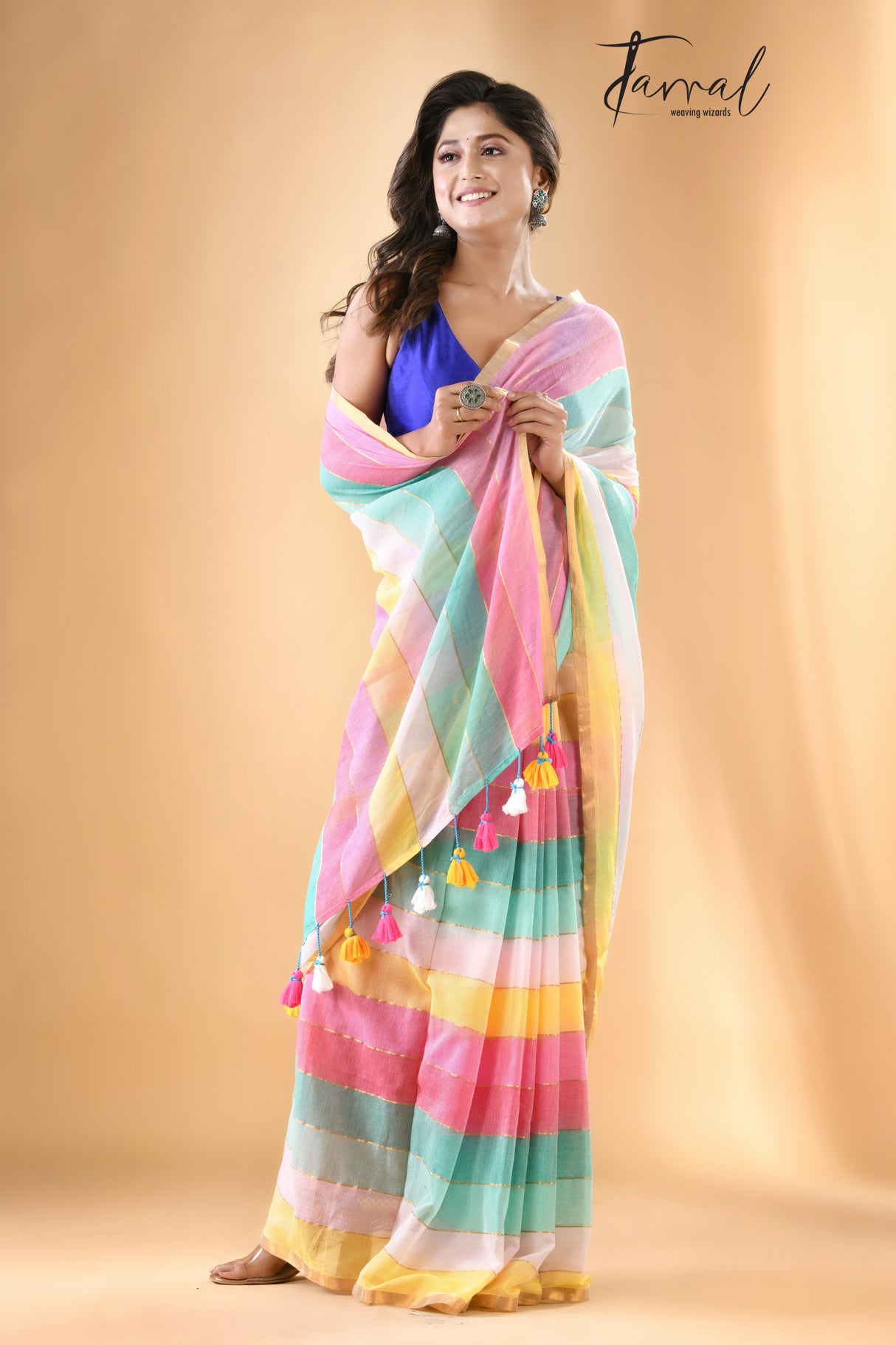 Multicolor With Zari border Mul cotton Saree