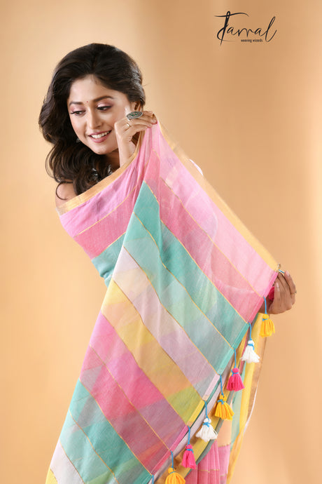 Multicolor With Zari border Mul cotton Saree