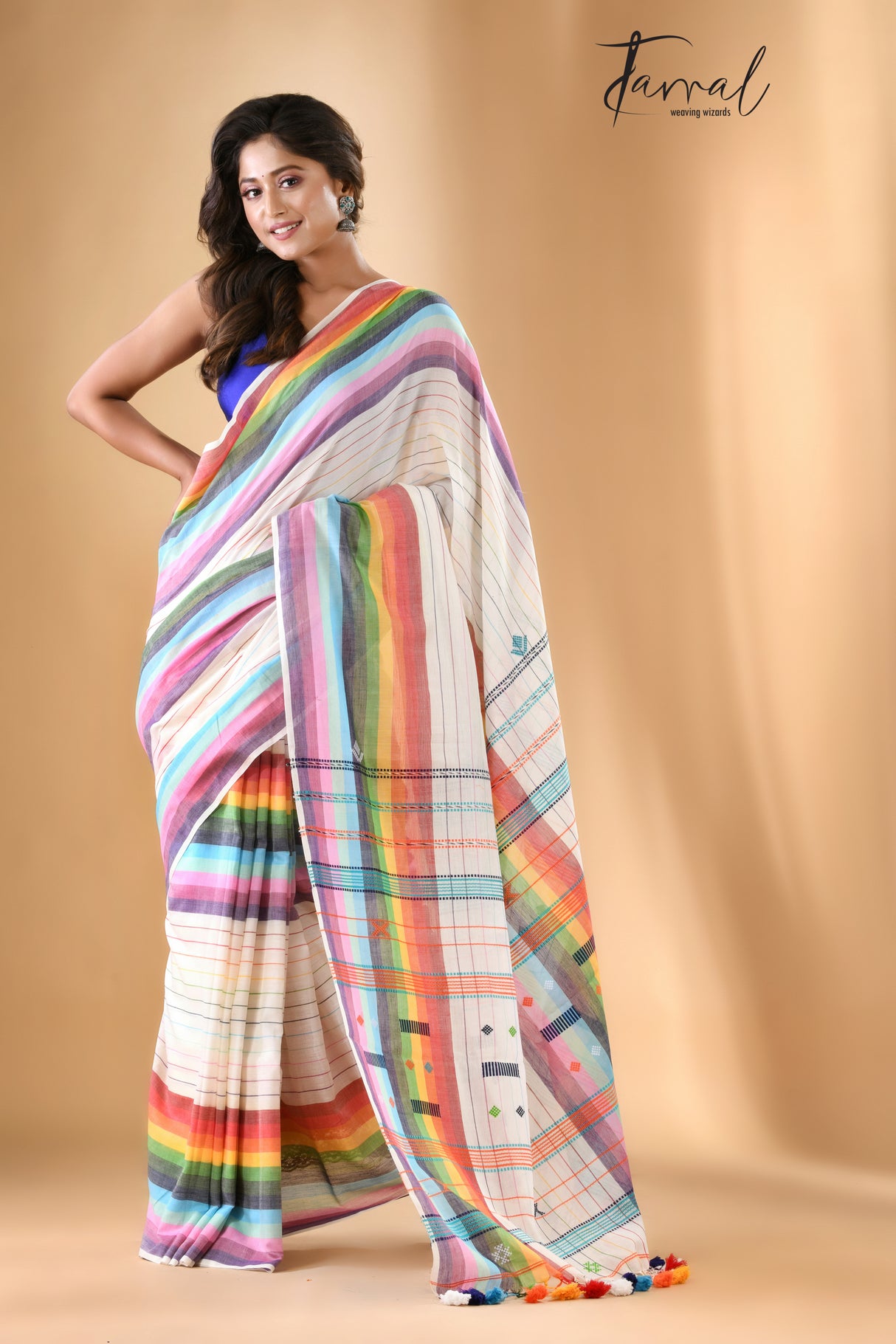 White with multi colour bhujodi design in fulia cotton handloom saree