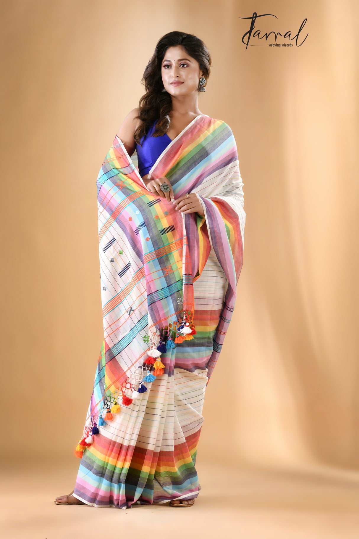 White with multi colour bhujodi design in fulia cotton handloom saree