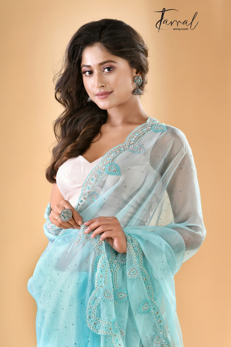 Sky blue illusion zardosi silk saree