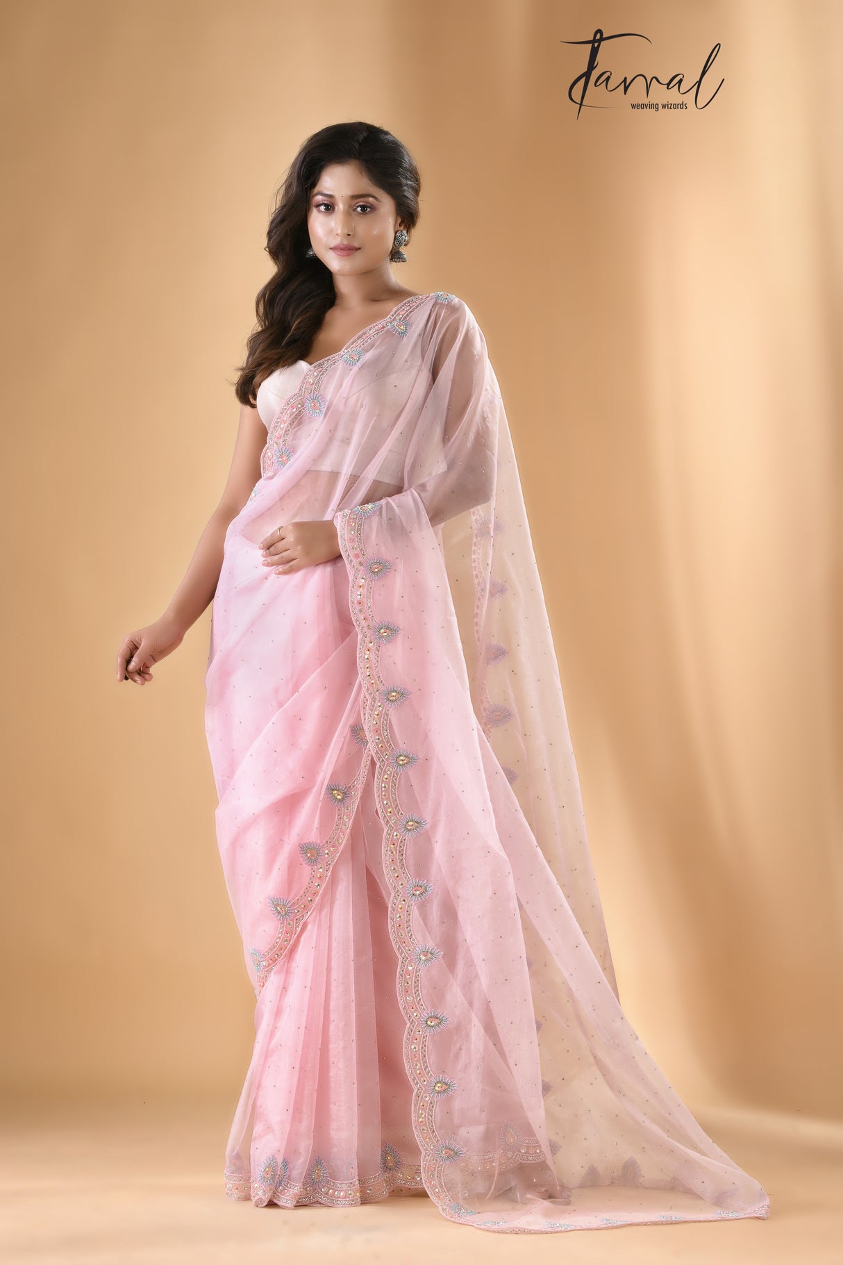 Baby pink fantasy zardosi silk saree