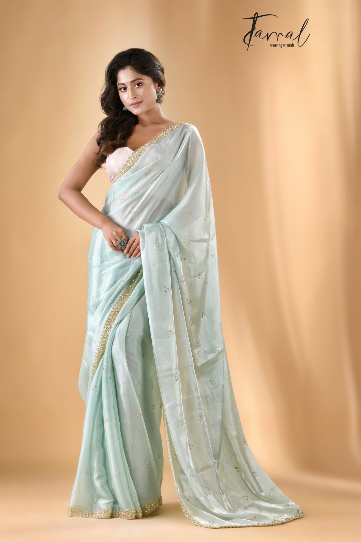 Water green zardosi silk stone work saree