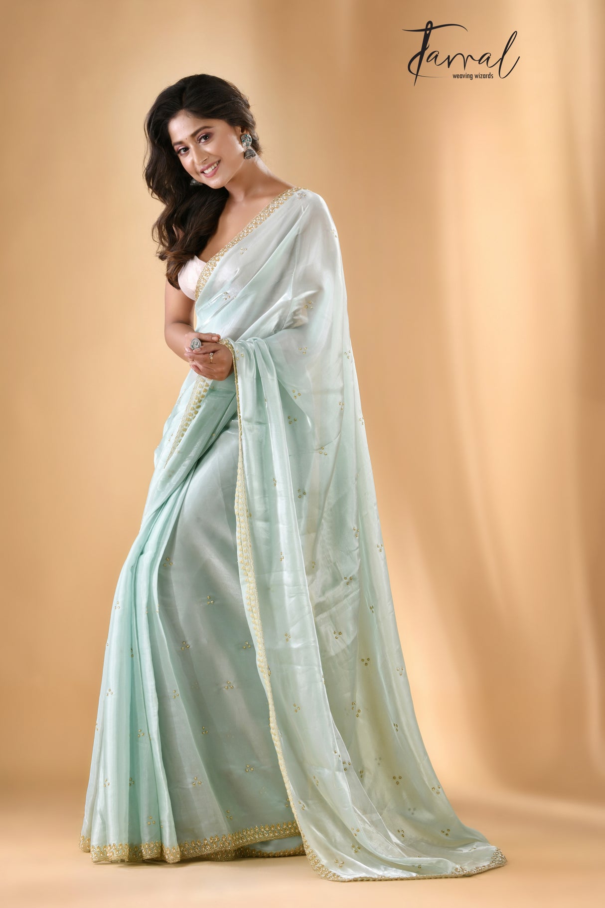 Water green zardosi silk stone work saree