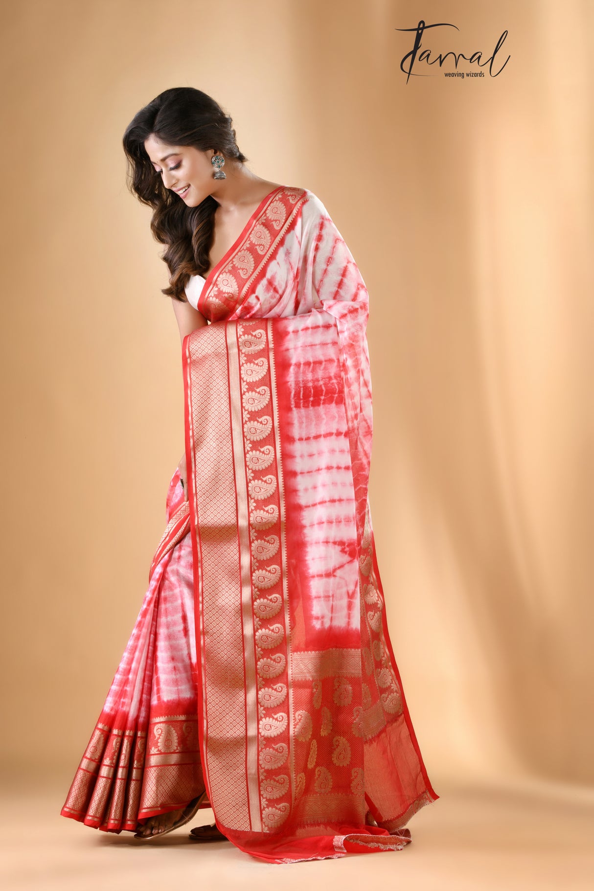 White with Red Shivori Banarasi Silk Saree - Tamal Boutique