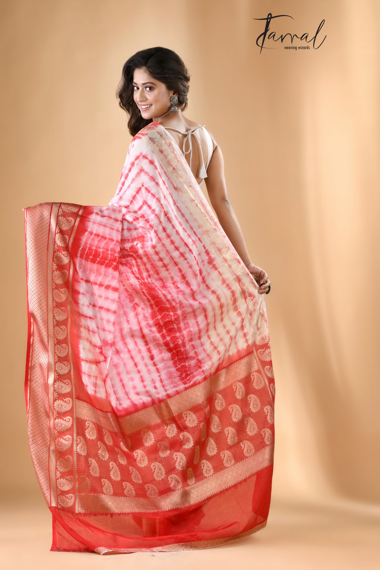 White with Red Shivori Banarasi Silk Saree - Tamal Boutique