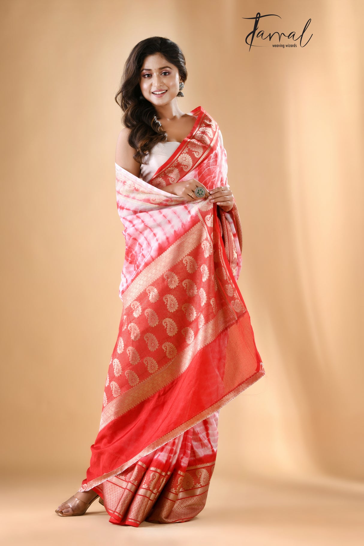 White with Red Shivori Banarasi Silk Saree - Tamal Boutique