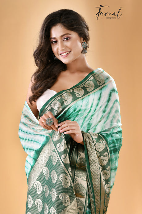 White with green Shivori Banarasi Silk Saree