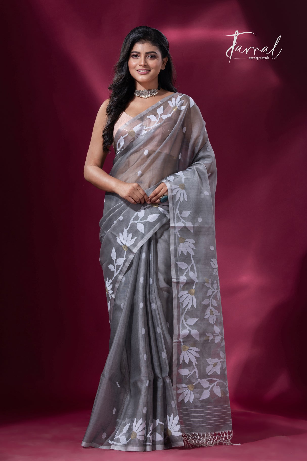 Ash Grey with white & golden floral motifs handwoven muslin silk jamdani saree