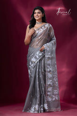 Ash Grey with white & golden floral motifs handwoven muslin silk jamdani saree