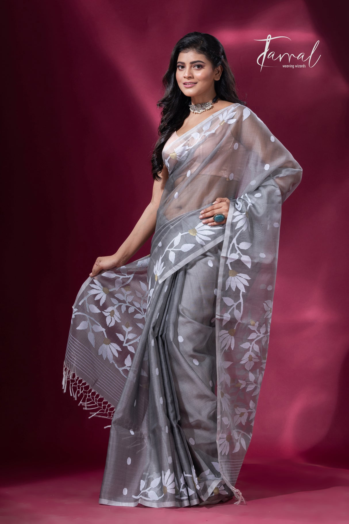 Ash Grey with white & golden floral motifs handwoven muslin silk jamdani saree