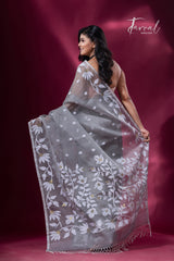 Ash Grey with white & golden floral motifs handwoven muslin silk jamdani saree