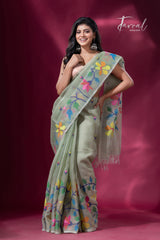 Pin green with multicolour muslin silk handwoven jamdani saree