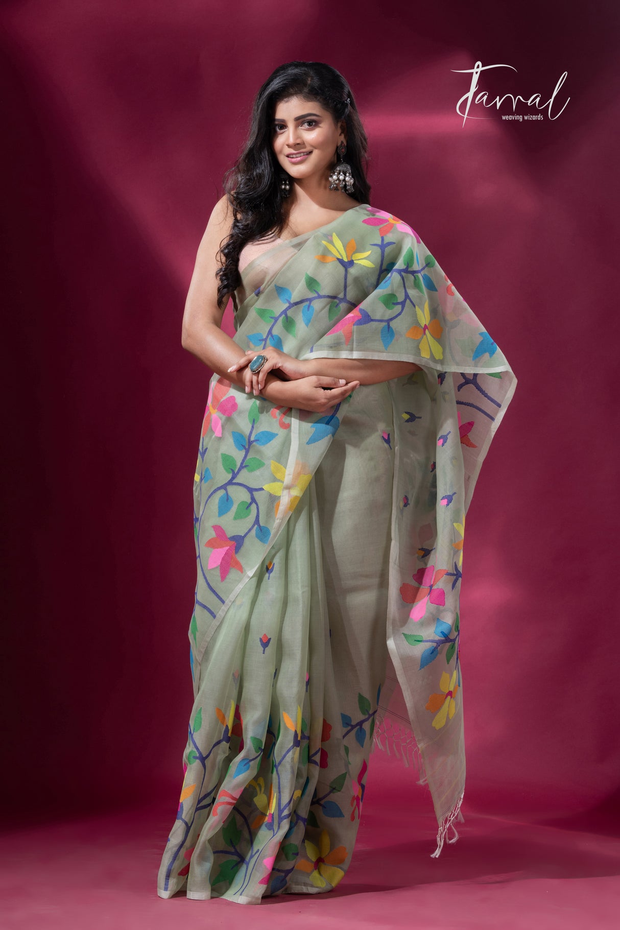 Pin green with multicolour muslin silk handwoven jamdani saree