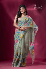 Pin green with multicolour muslin silk handwoven jamdani saree