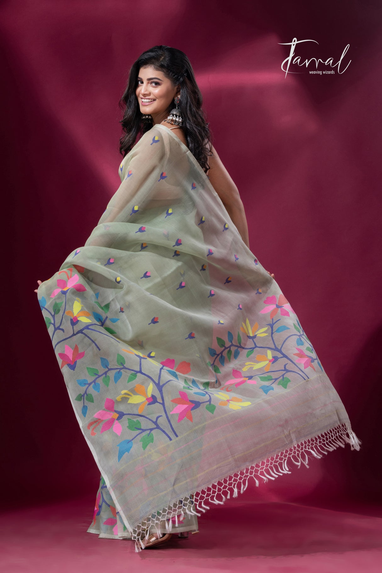 Pin green with multicolour muslin silk handwoven jamdani saree