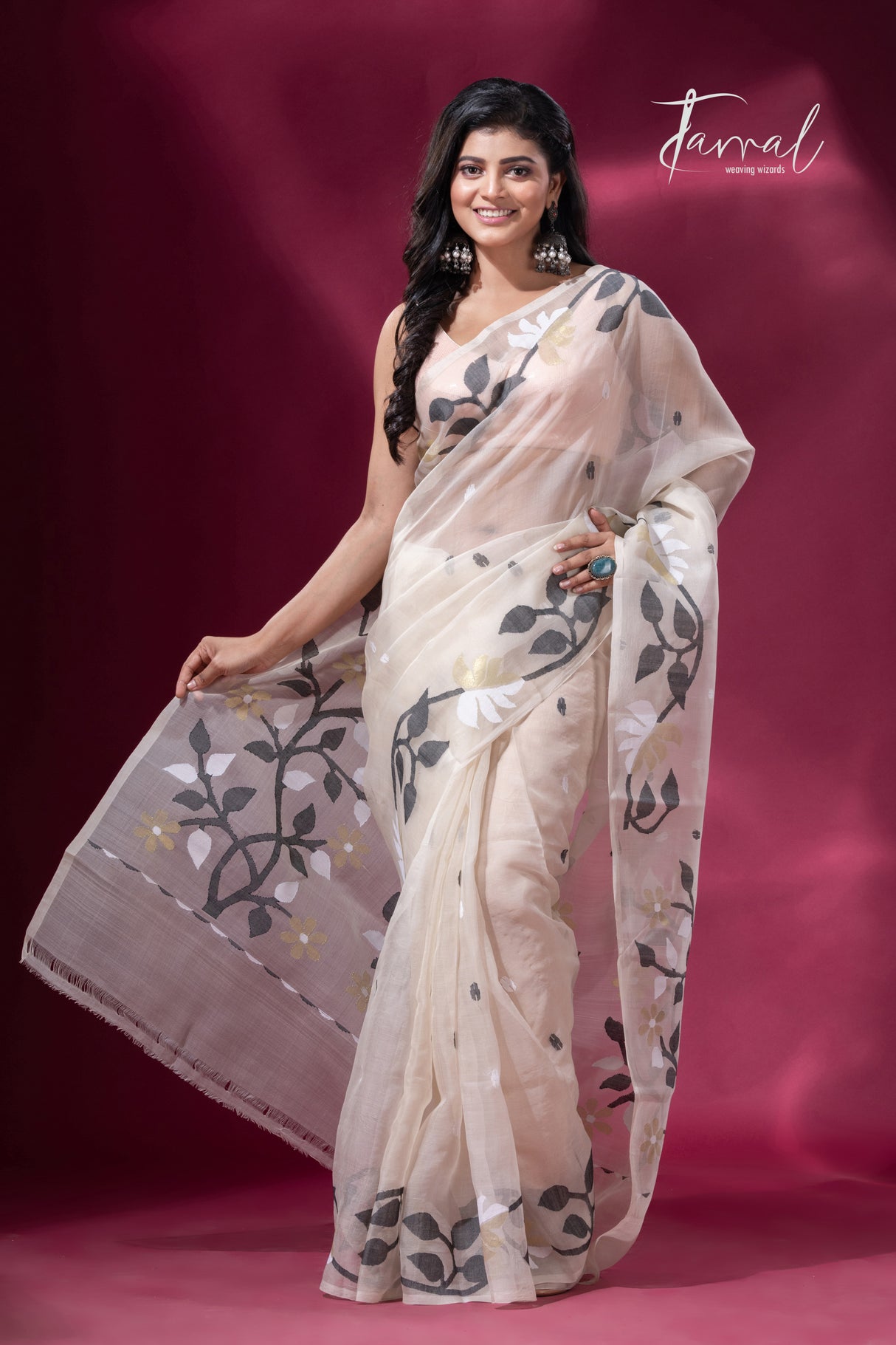 Offwhite with Black & golden floral border muslin silk handwoven jamdani saree