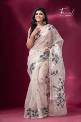 Offwhite with Black & golden floral border muslin silk handwoven jamdani saree