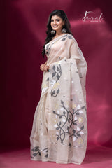 Offwhite with Black & golden floral border muslin silk handwoven jamdani saree