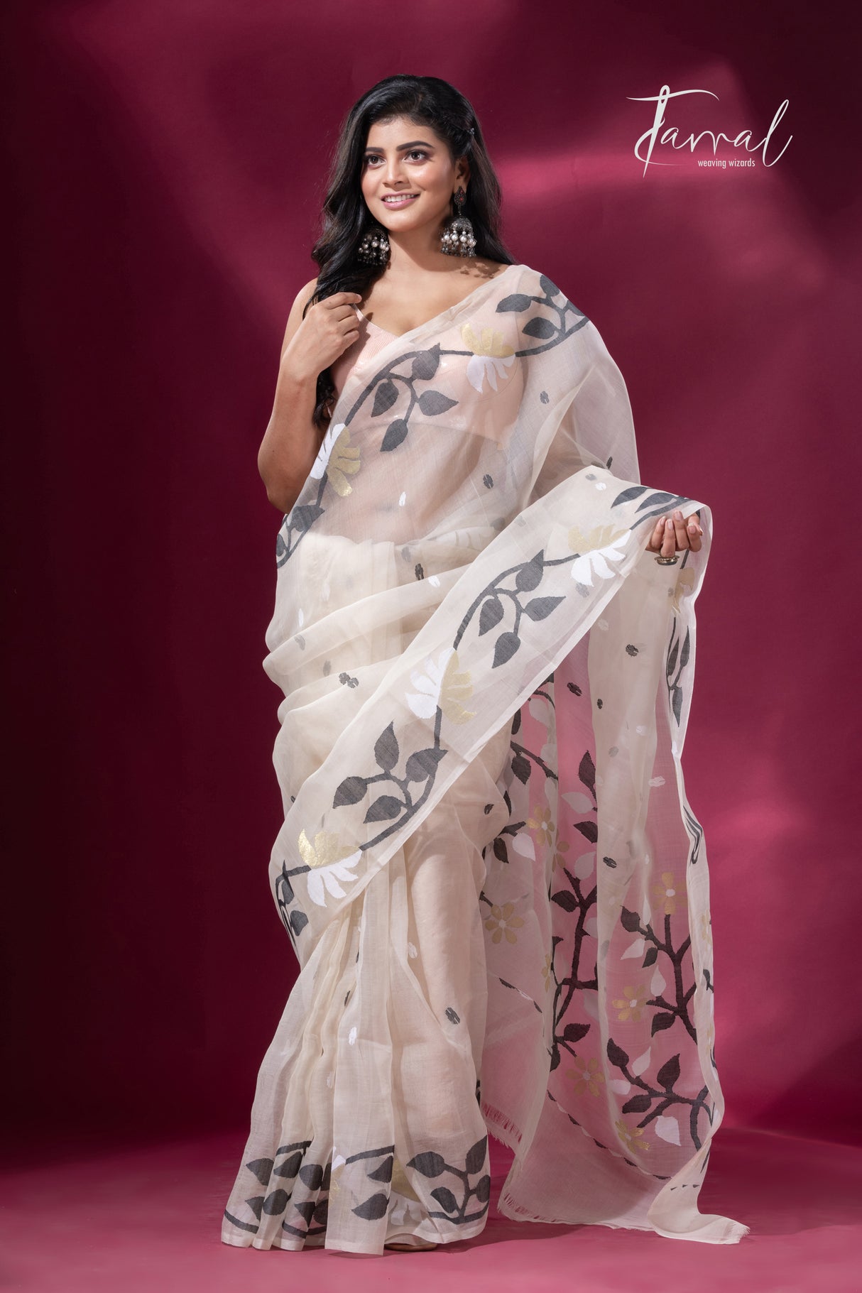 Offwhite with Black & golden floral border muslin silk handwoven jamdani saree