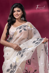 Offwhite with Black & golden floral border muslin silk handwoven jamdani saree