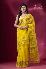 Yellow with multi colour floral border handwoven muslin jamdani saree