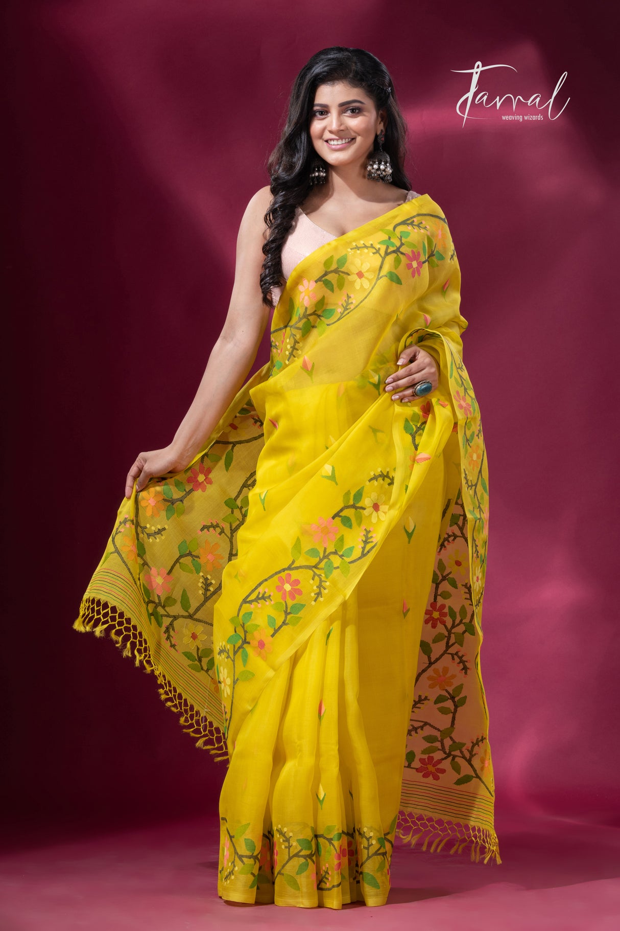 Yellow with multi colour floral border handwoven muslin jamdani saree