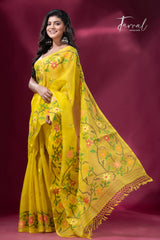 Yellow with multi colour floral border handwoven muslin jamdani saree